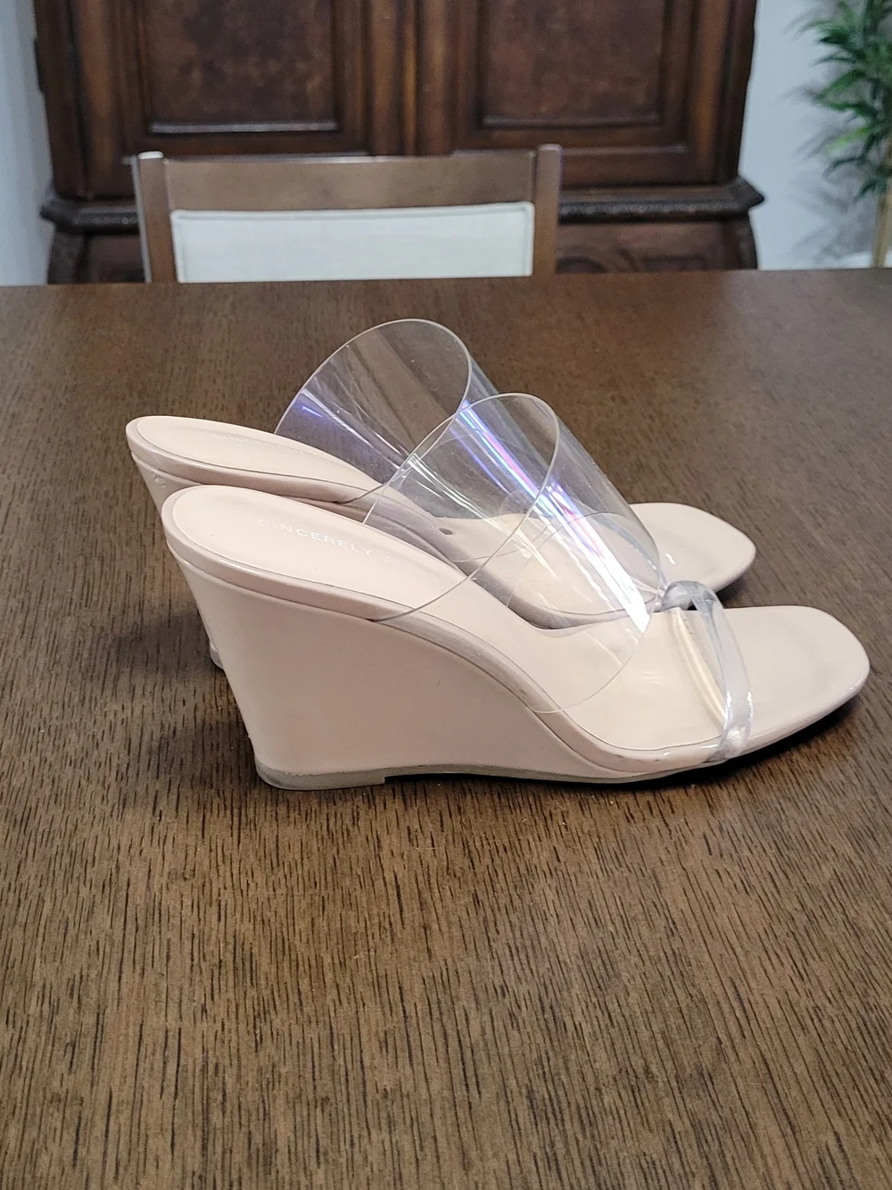 Sincerely Jules Nude Wedge Sandals with Clear Straps 8.5